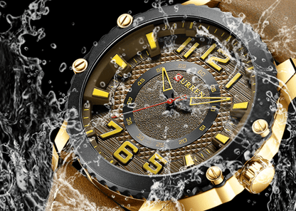 Men's waterproof sport watch with brown leather strap and gold-tone case numerals on Tampa Home & Garden Store