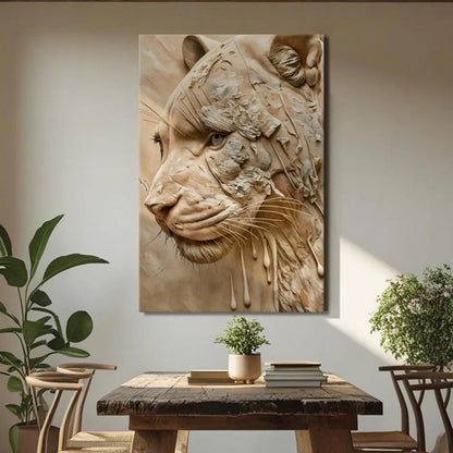 Earthen Predator wall art canvas by Tailored Canvases; beige tiger with clay-relief texture on Tampa Home & Garden Store