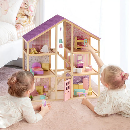 Tiny Land Sweetwood Unicorn Dollhouse with wooden dolls, pastel pink interiors and purple roof on Tampa Home & Garden Store