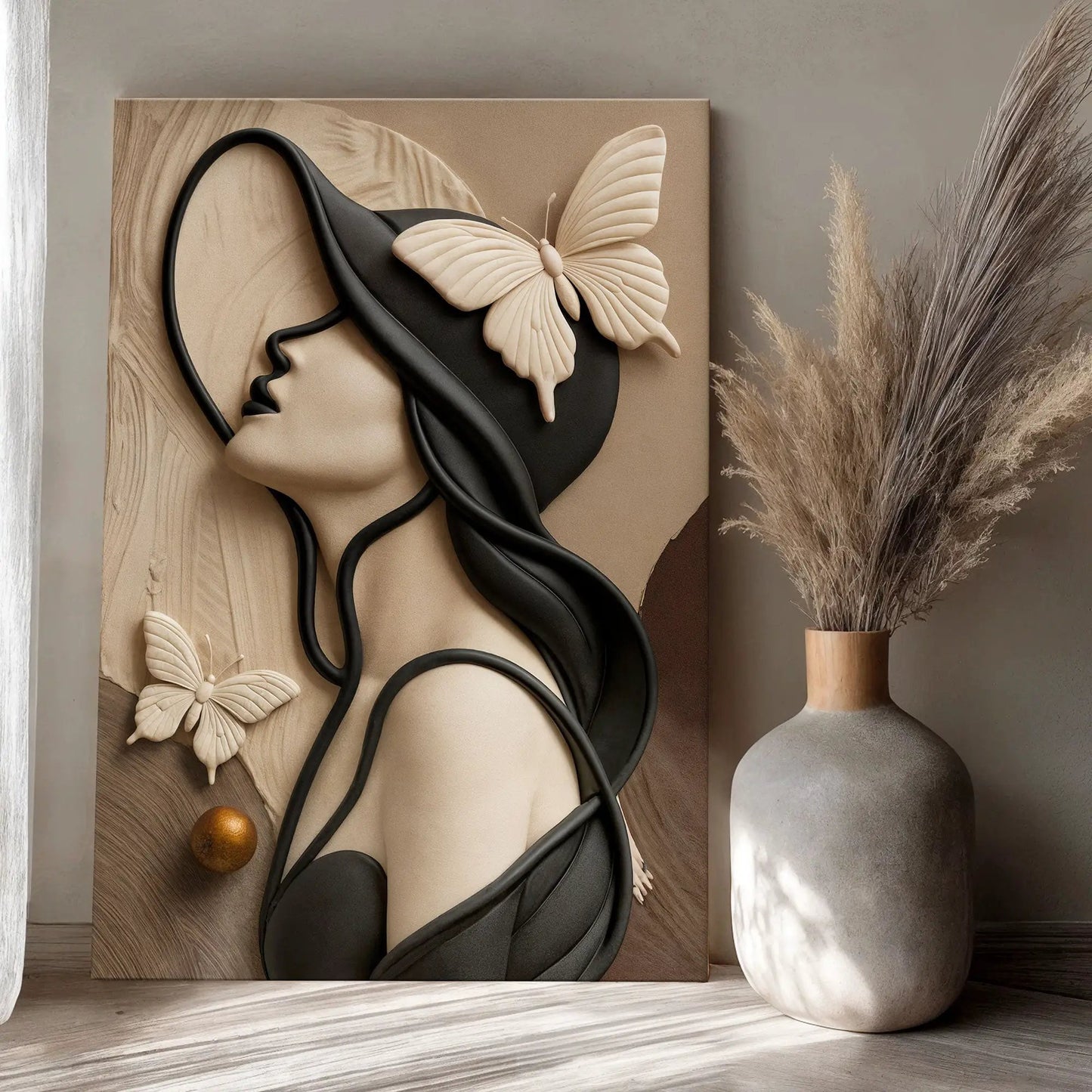 Woman's Delicate Lines Wall Art canvas with beige butterfly relief on neutral tones on Tampa Home & Garden Store