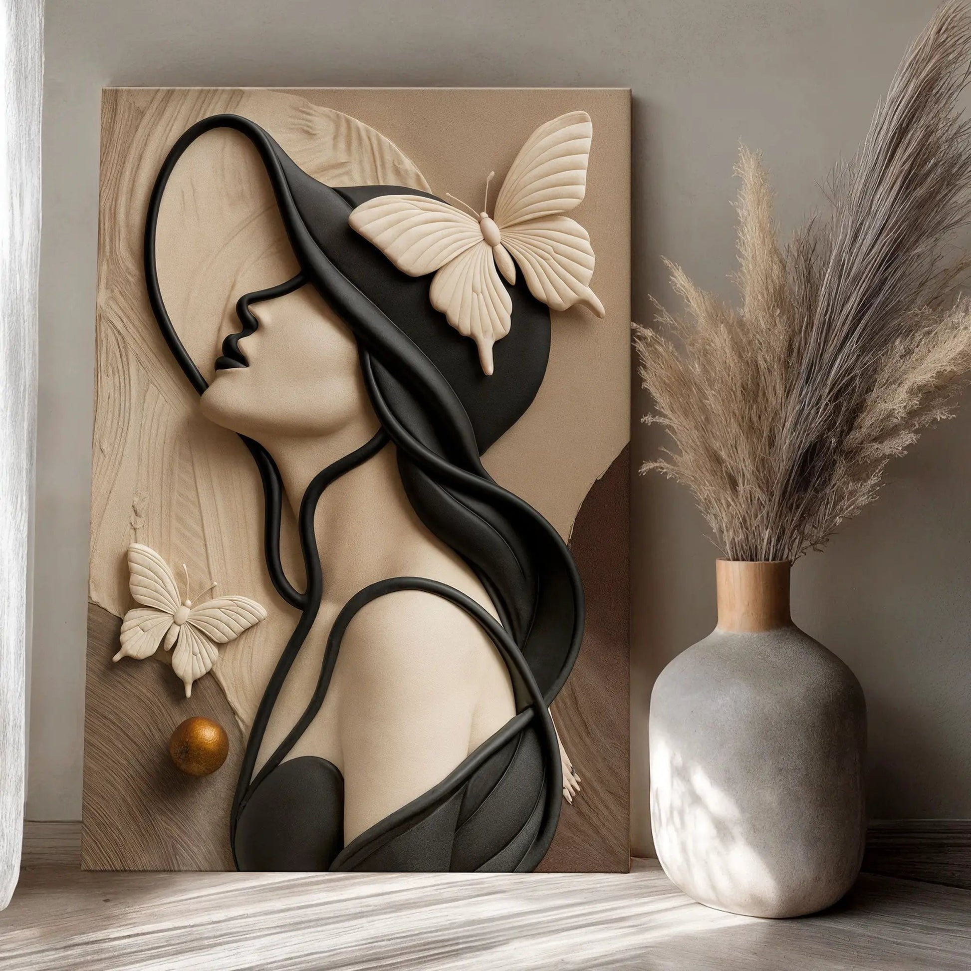 Woman's Delicate Lines Wall Art canvas with beige butterfly relief on neutral tones on Tampa Home & Garden Store