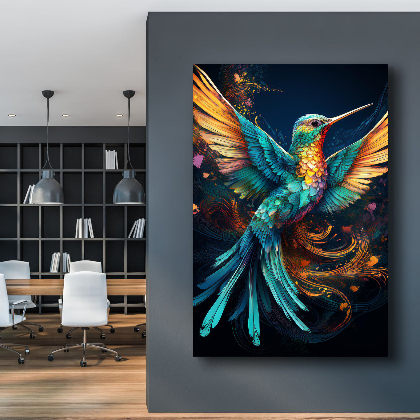 Humming Bird Abstract Wall Art II canvas by Tailored Canvases in teal and orange hues on Tampa Home & Garden Store