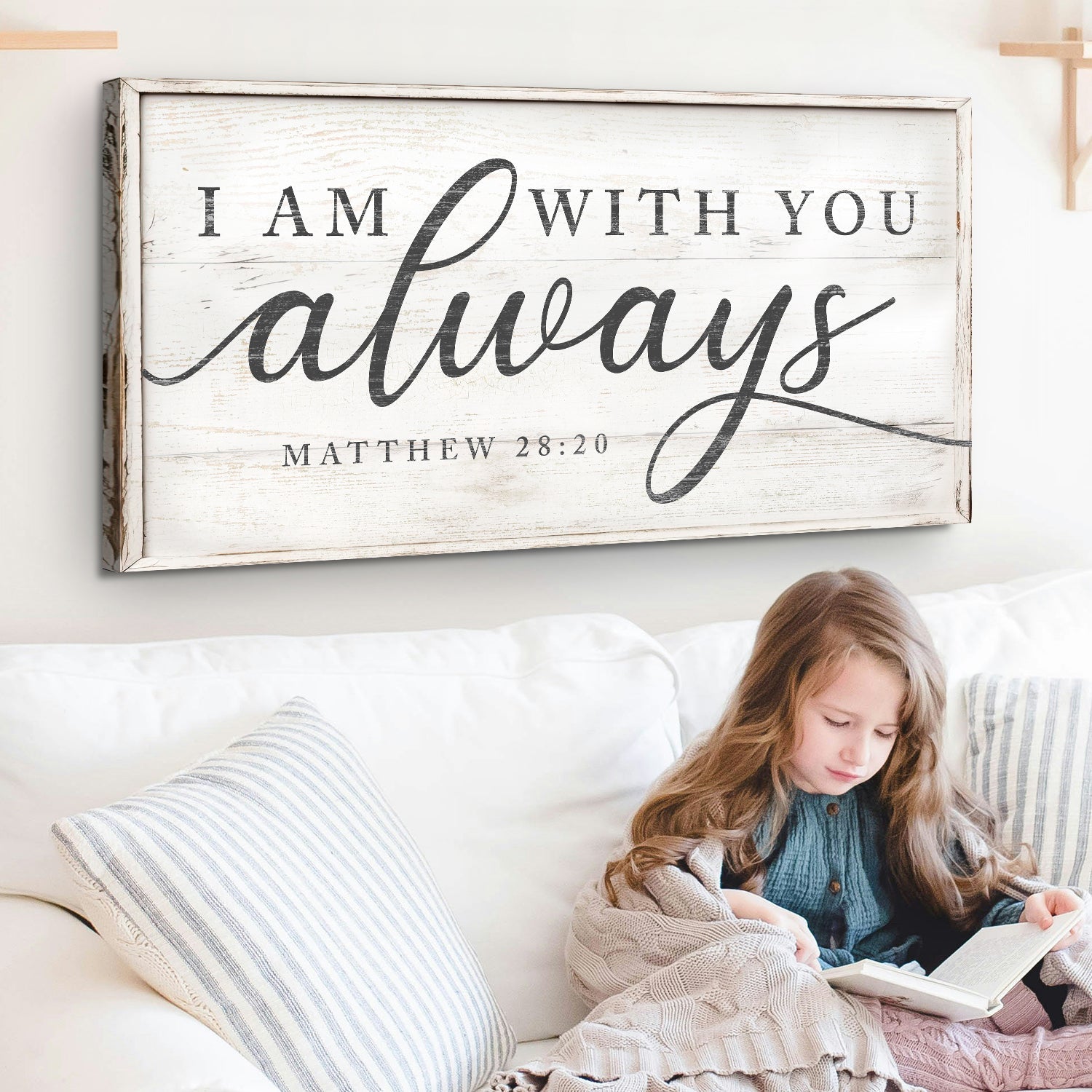 Canvas wall art from Tailored Canvases reading I am with you always on whitewashed wood frame on Tampa Home & Garden Store