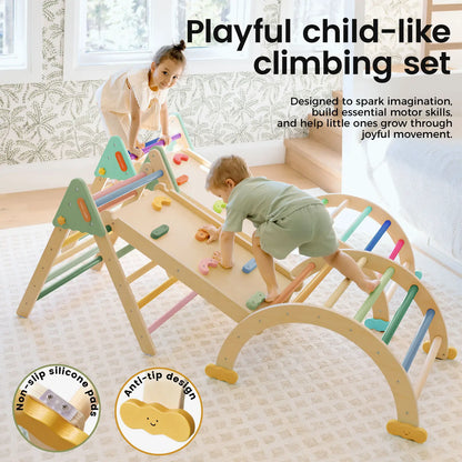 Tiny Land 7in1 Morandi Pikler Triangle climbing set in pastel wood with grips; two kids indoors on Tampa Home & Garden Store
