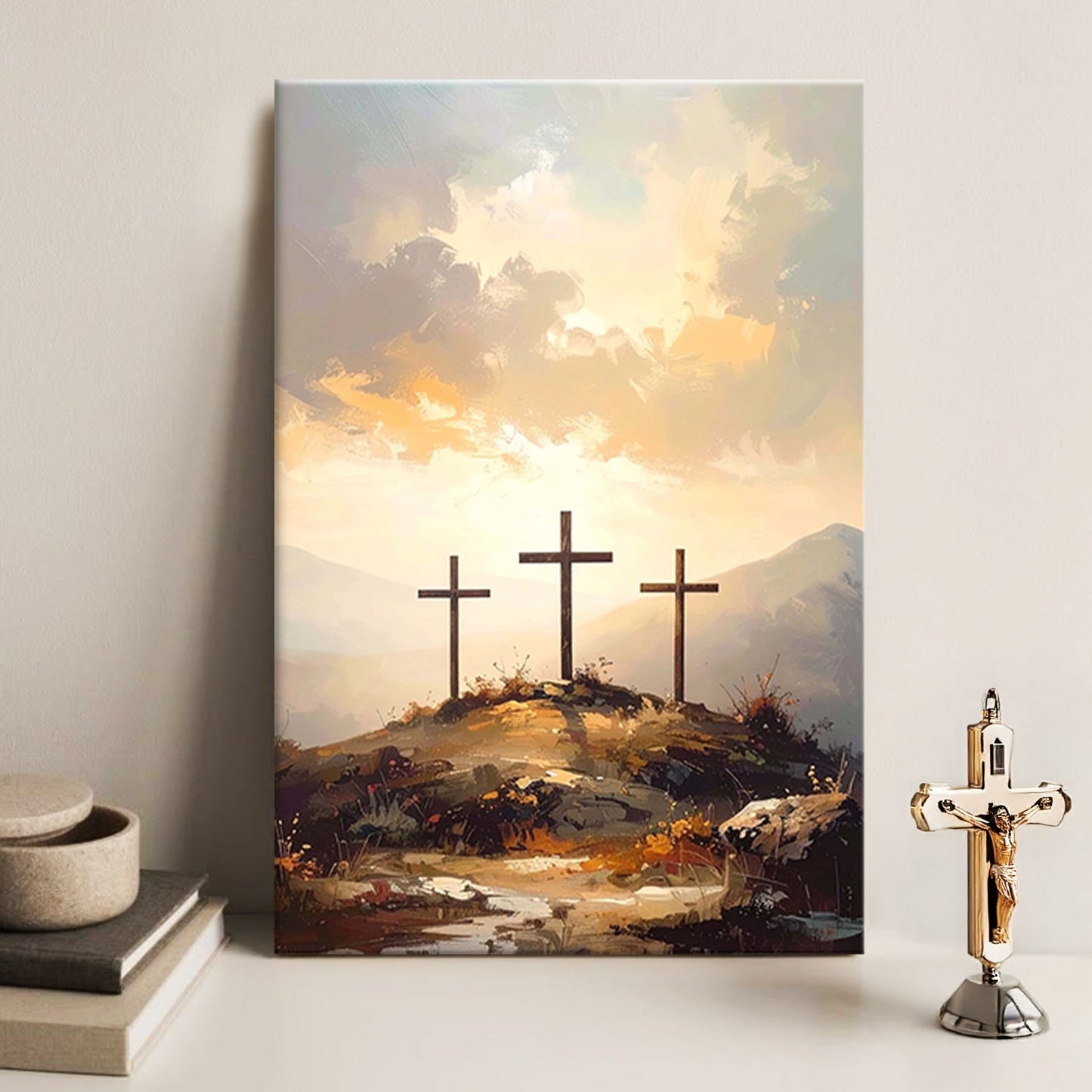 Three Crosses on Calvary Faith Wall Art canvas by Tailored Canvases with warm sunset tones on Tampa Home & Garden Store