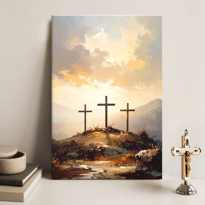 Three Crosses on Calvary Faith Wall Art canvas by Tailored Canvases with warm sunset tones on Tampa Home & Garden Store