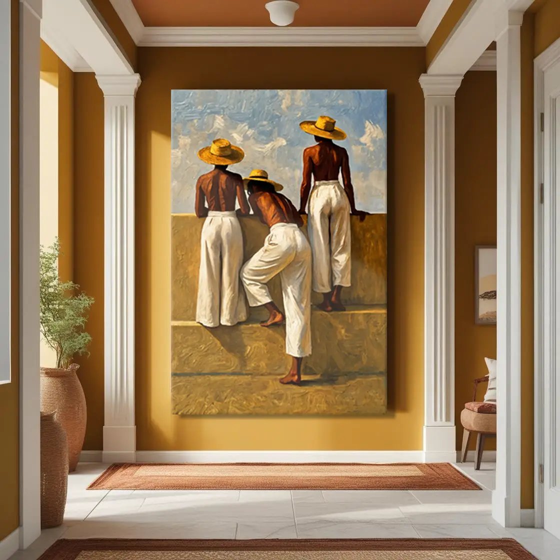 Summer Watchers Wall Art canvas by Tailored Canvases, three figures in white pants and straw hats on Tampa Home & Garden Store
