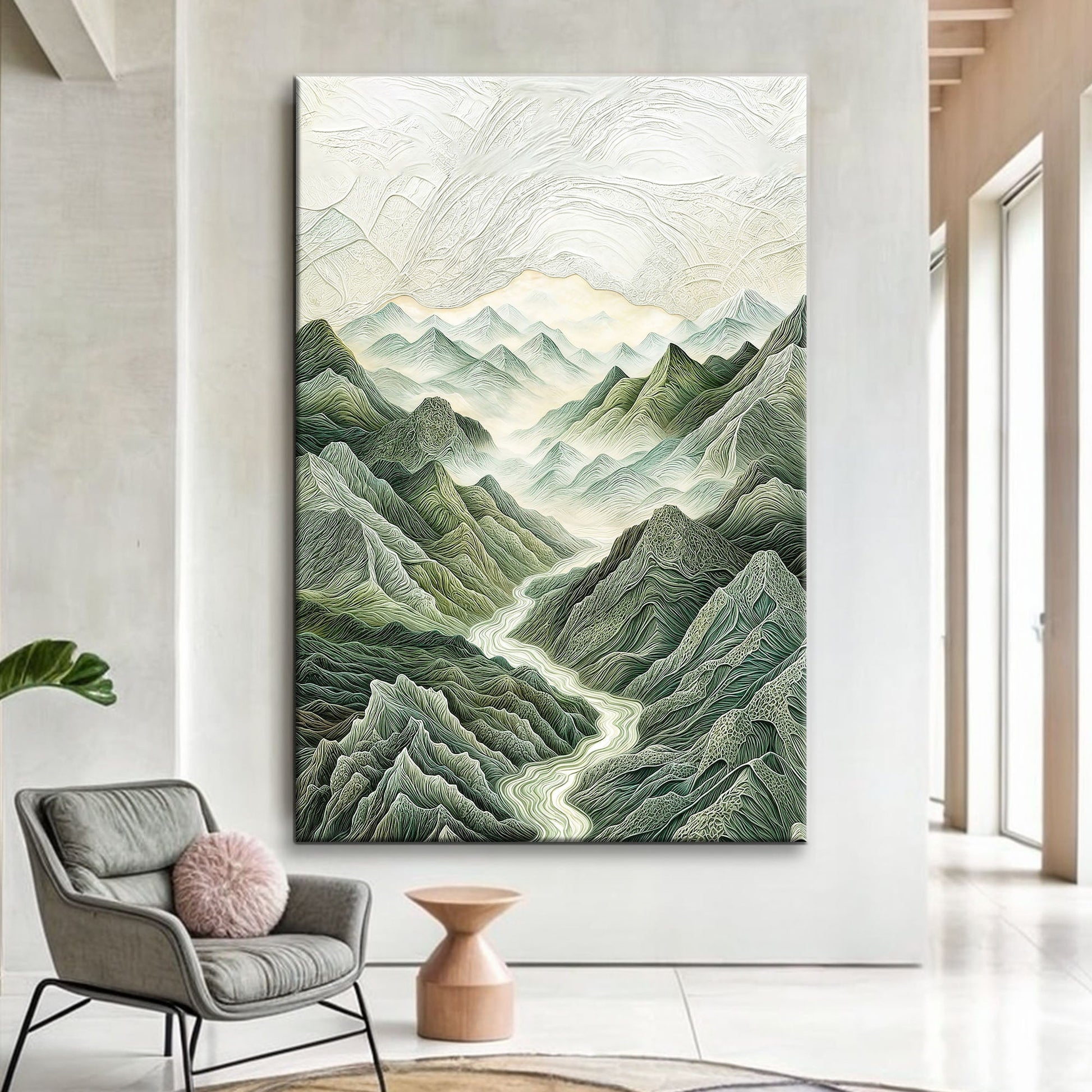 Abstract mountain and river landscape canvas by Tailored Canvases single-panel green tones on Tampa Home & Garden Store
