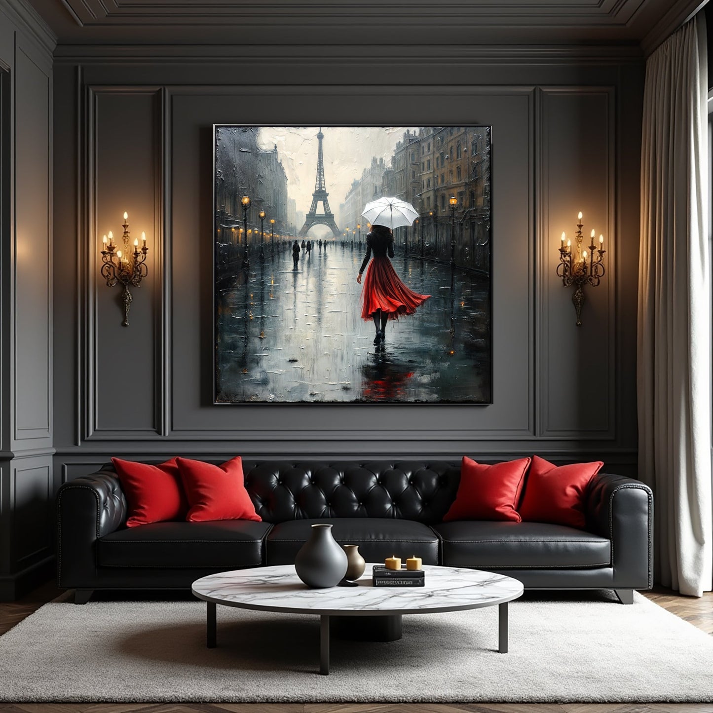 Paris Stroll Canvas by Tailored Canvases; Eiffel Tower scene with umbrella and red dress on Tampa Home & Garden Store
