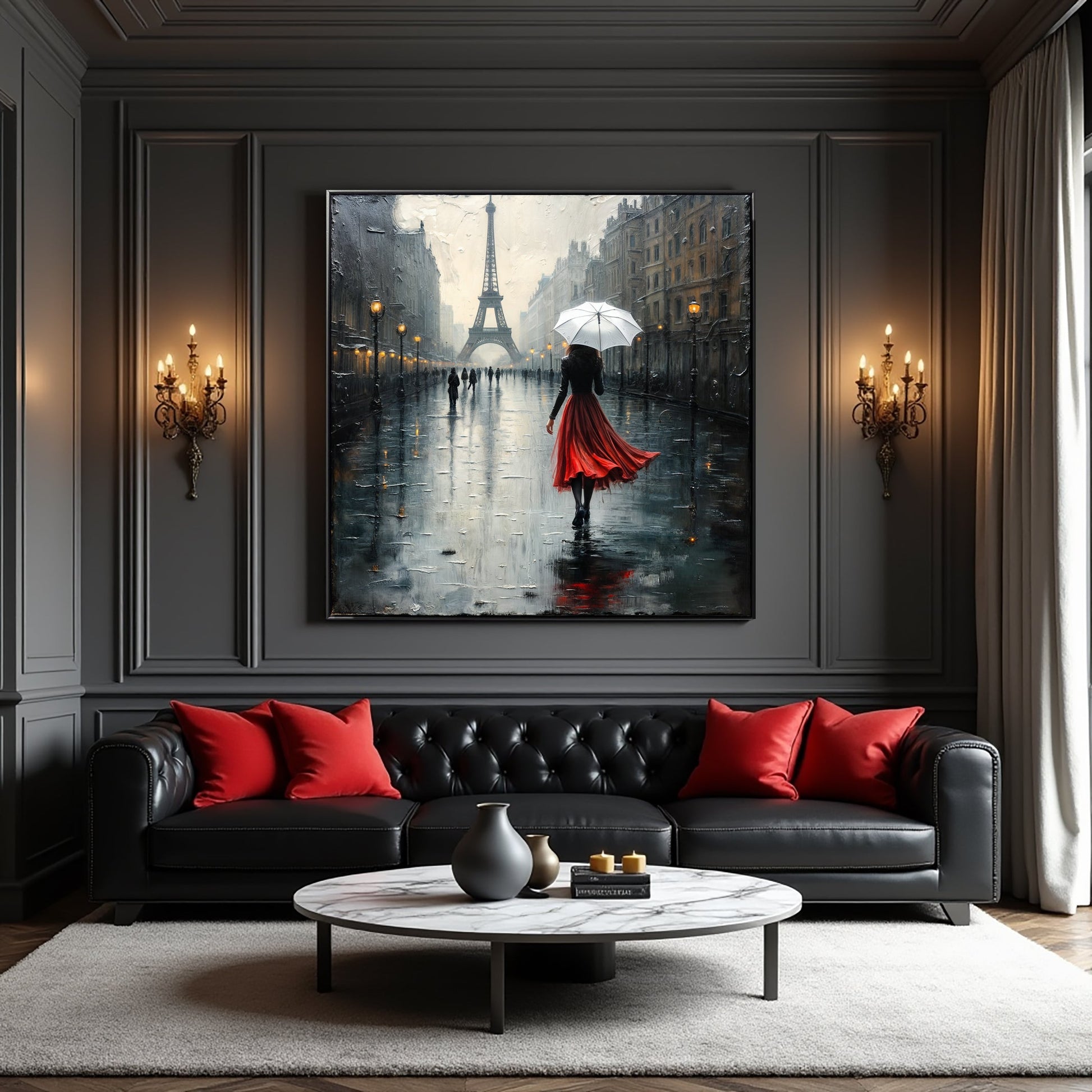 Paris Stroll Canvas by Tailored Canvases; Eiffel Tower scene with umbrella and red dress on Tampa Home & Garden Store