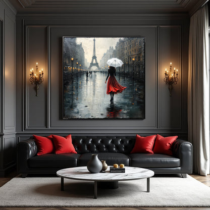 Paris Stroll Canvas by Tailored Canvases; Eiffel Tower scene with umbrella and red dress on Tampa Home & Garden Store