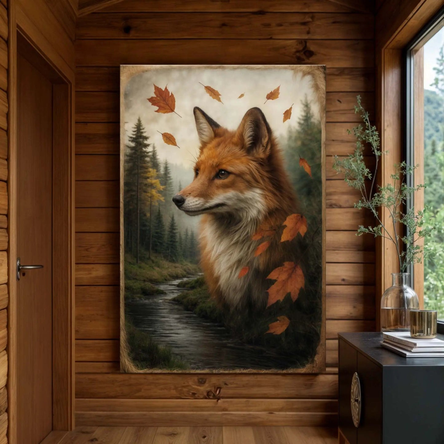 Autumn Fox Double Exposure Wall Art canvas by Tailored Canvases, orange fox with forest backdrop on Tampa Home & Garden Store