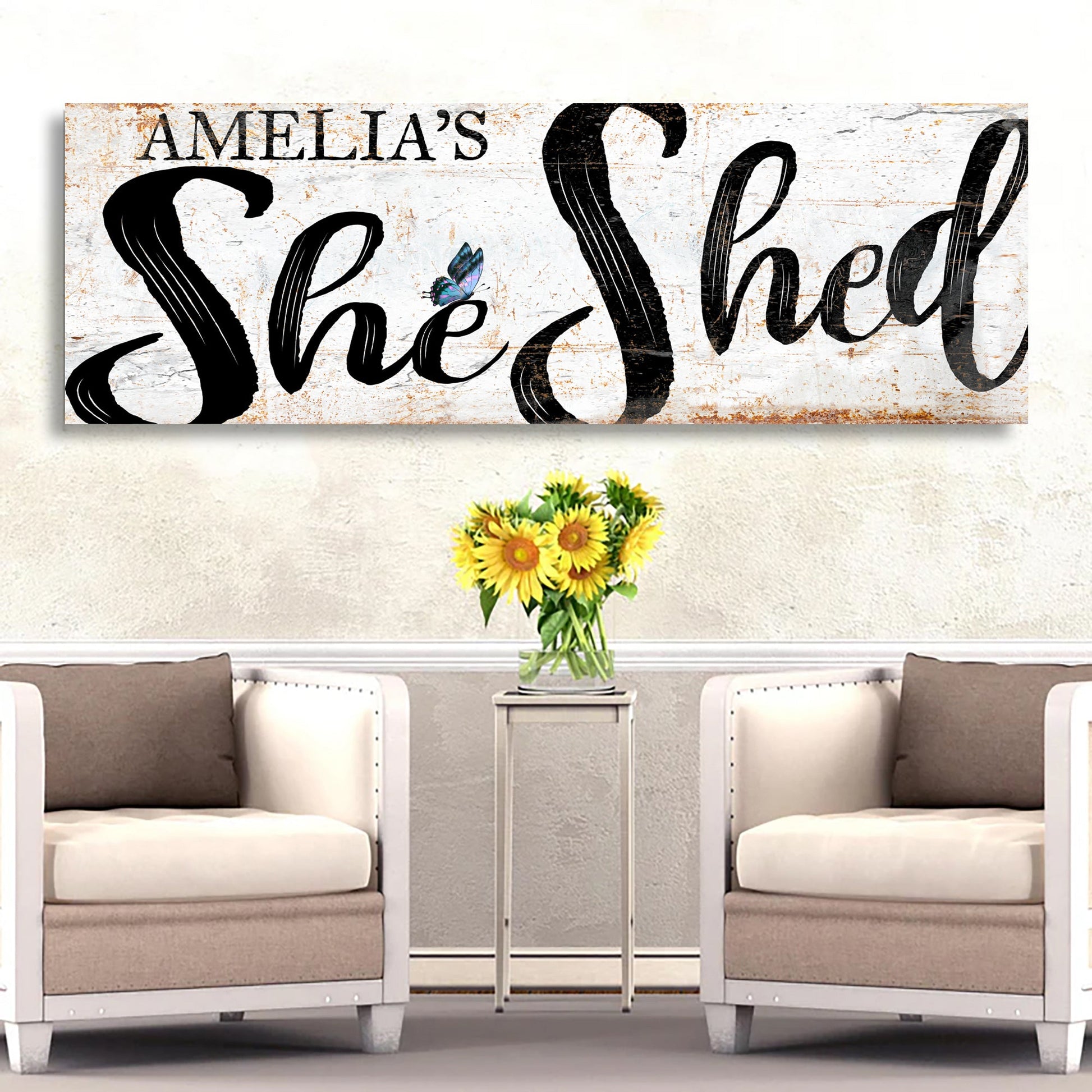 Personalized She Shed Sign VIII canvas with distressed wood and butterfly on Tailored Canvases on Tampa Home & Garden Store