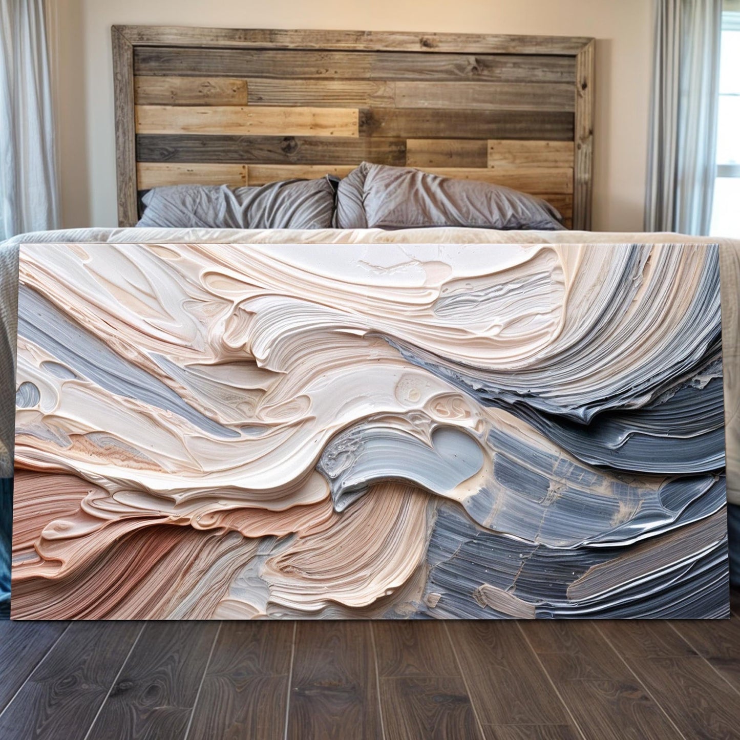 Rough Minimalist Wall Art canvas by Tailored Canvases with beige brown swirls on wood backdrop on Tampa Home & Garden Store
