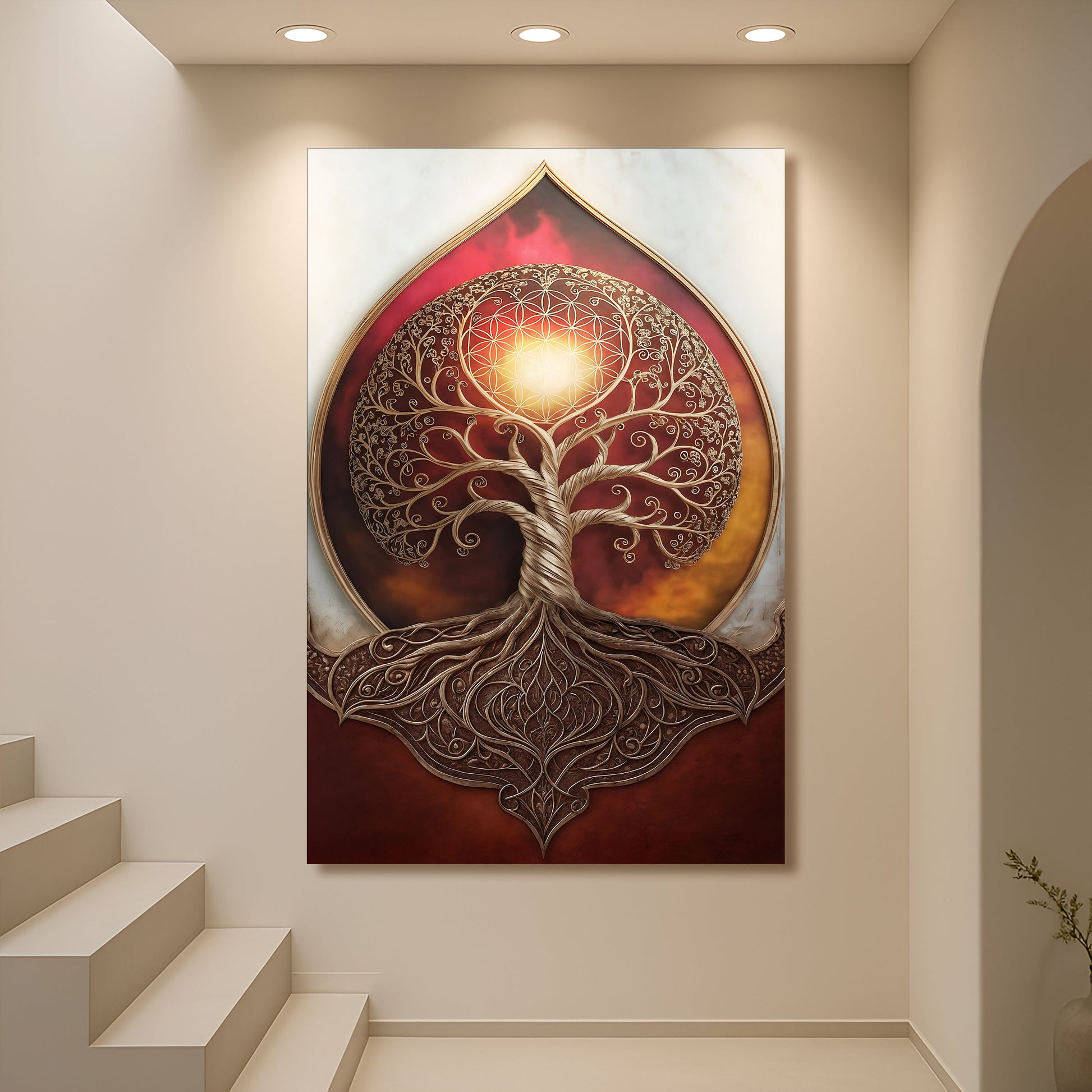 Tree of Life Sacred Geometry canvas art with white filigree arch and gradient Tailored Canvases on Tampa Home & Garden Store