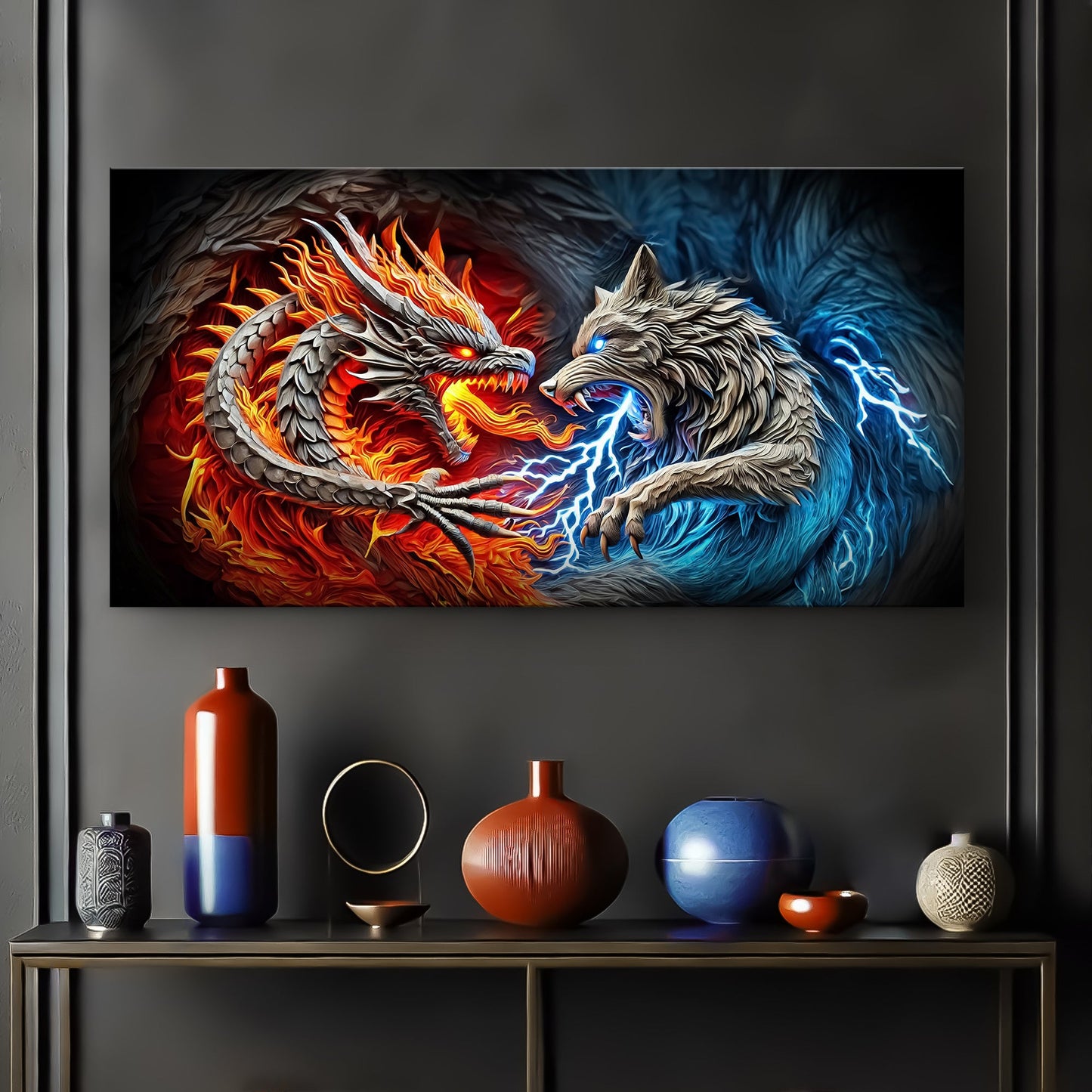 Canvas wall art 3D Dragon and Wolf Wall Art II by Tailored Canvases, dragon vs blue wolf on Tampa Home & Garden Store