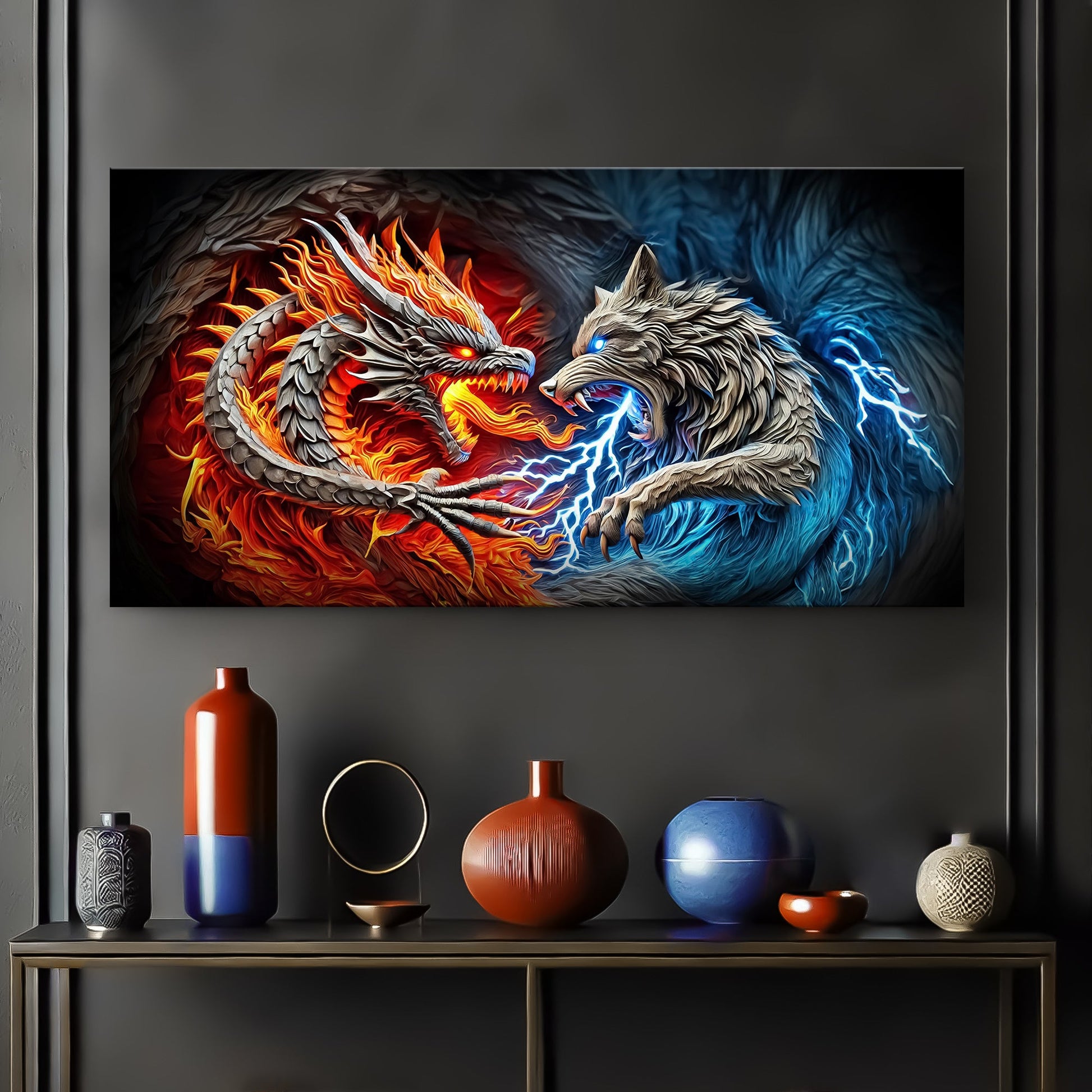 Canvas wall art 3D Dragon and Wolf Wall Art II by Tailored Canvases, dragon vs blue wolf on Tampa Home & Garden Store