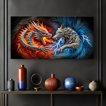 Canvas wall art 3D Dragon and Wolf Wall Art II by Tailored Canvases, dragon vs blue wolf on Tampa Home & Garden Store