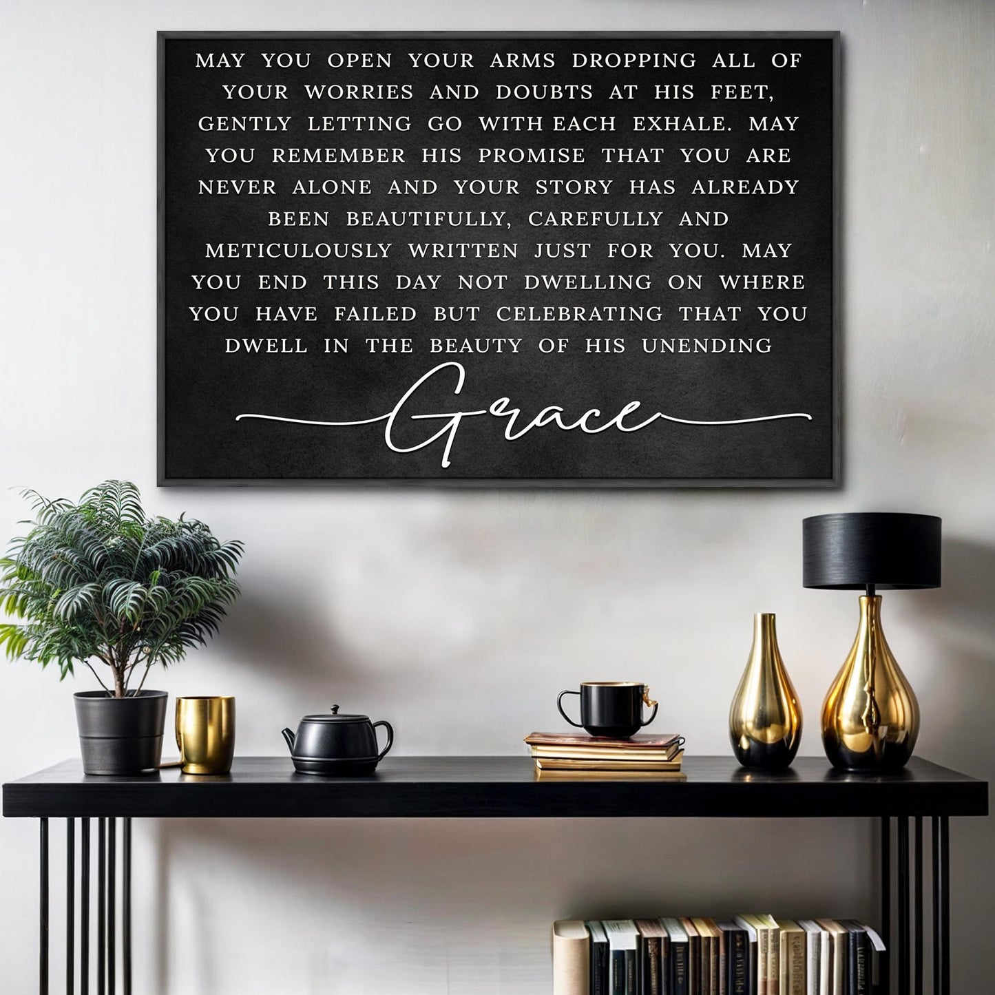 Unending Grace Faith Sign canvas by Tailored Canvases; black canvas with white text on Tampa Home & Garden Store