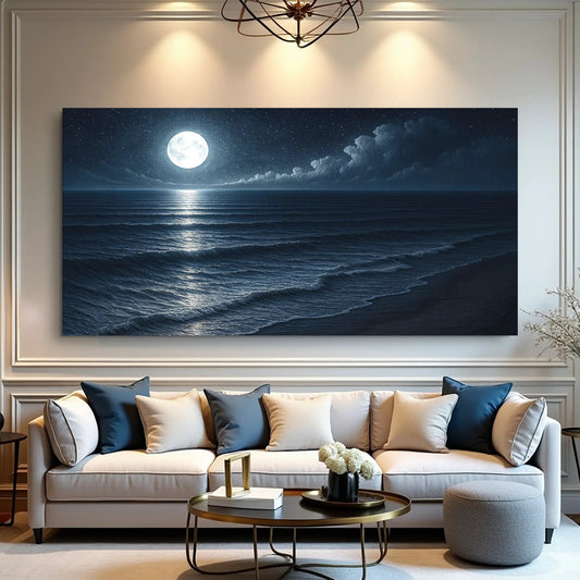Beach Shoreline coastal canvas wall art by Tailored Canvases; moonlit ocean night scene on Tampa Home & Garden Store