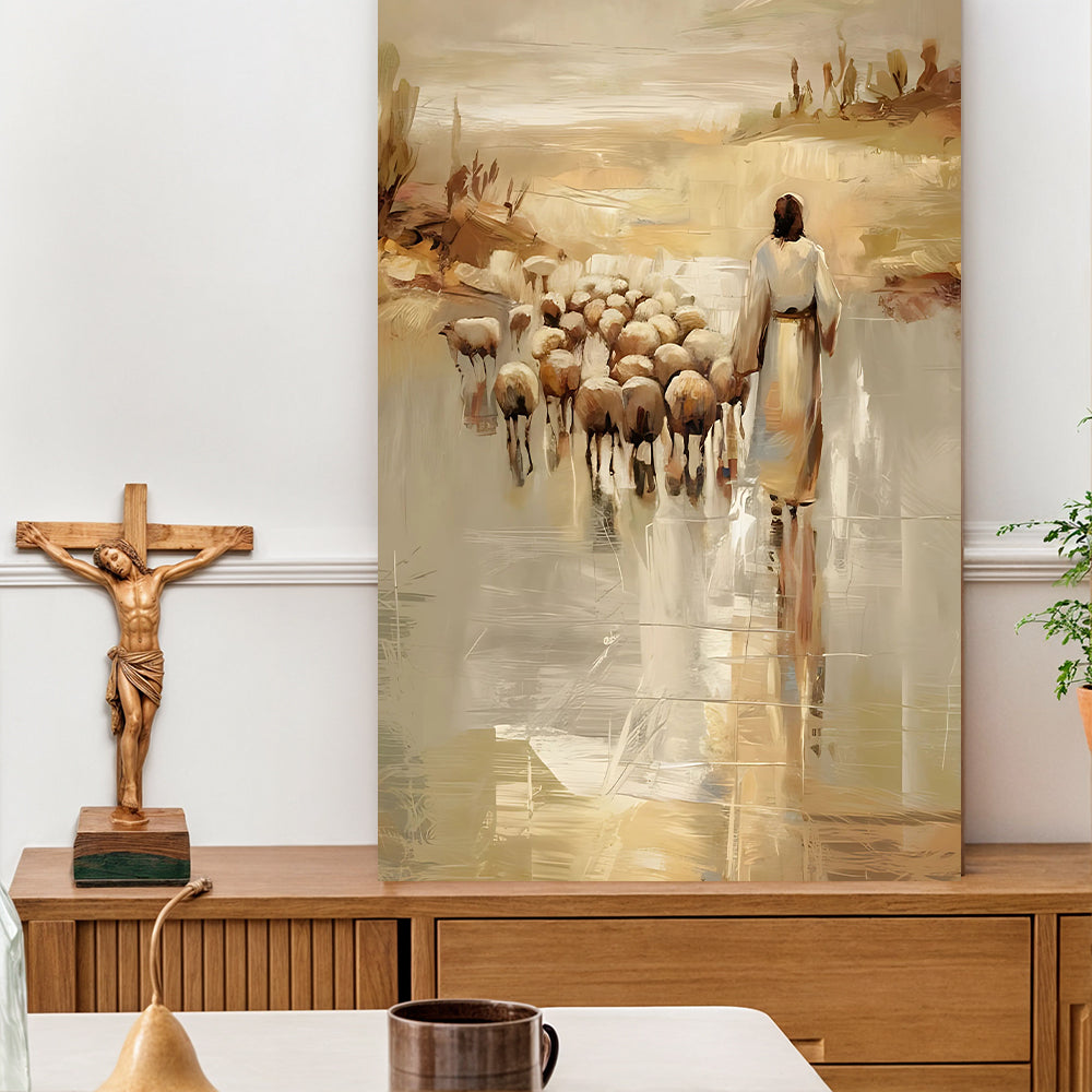 99 Faith Wall Art IV canvas by Tailored Canvases, beige pastoral scene with a shepherd and flock on Tampa Home & Garden Store