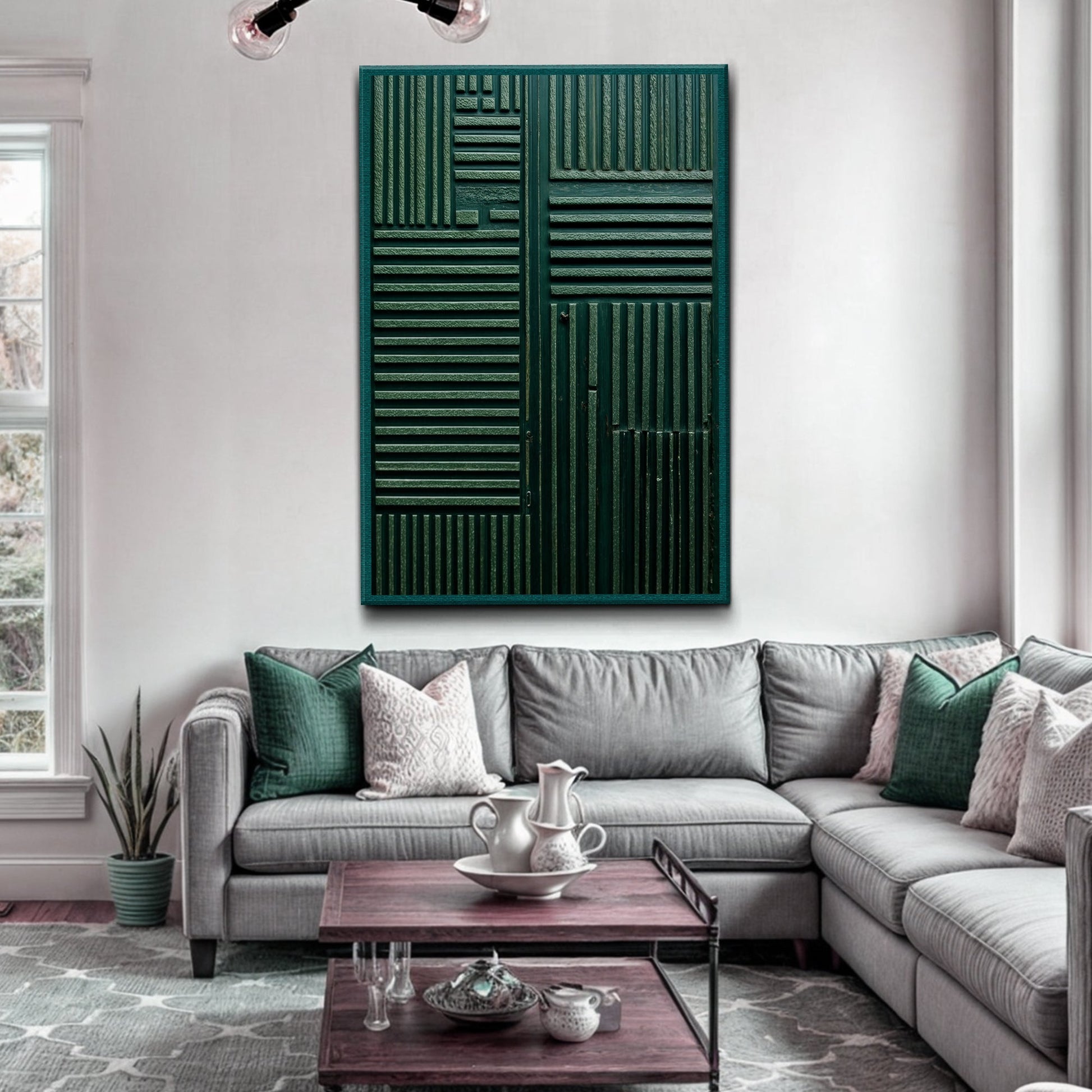 Green Abstract Patterns Wall Art canvas with teal textured shutter panels by Tailored Canvases on Tampa Home & Garden Store