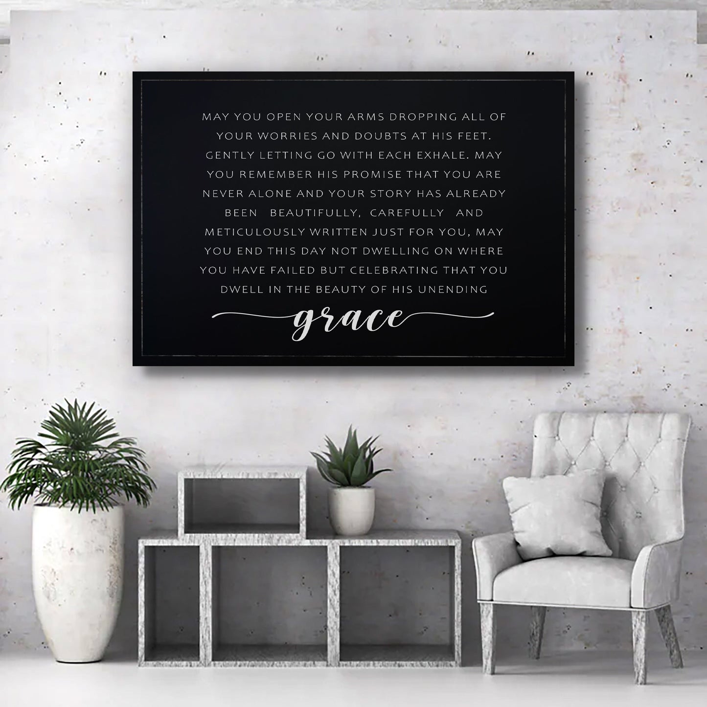 Unending Grace Faith Sign II canvas wall art in black with white script by Tailored Canvases on Tampa Home & Garden Store