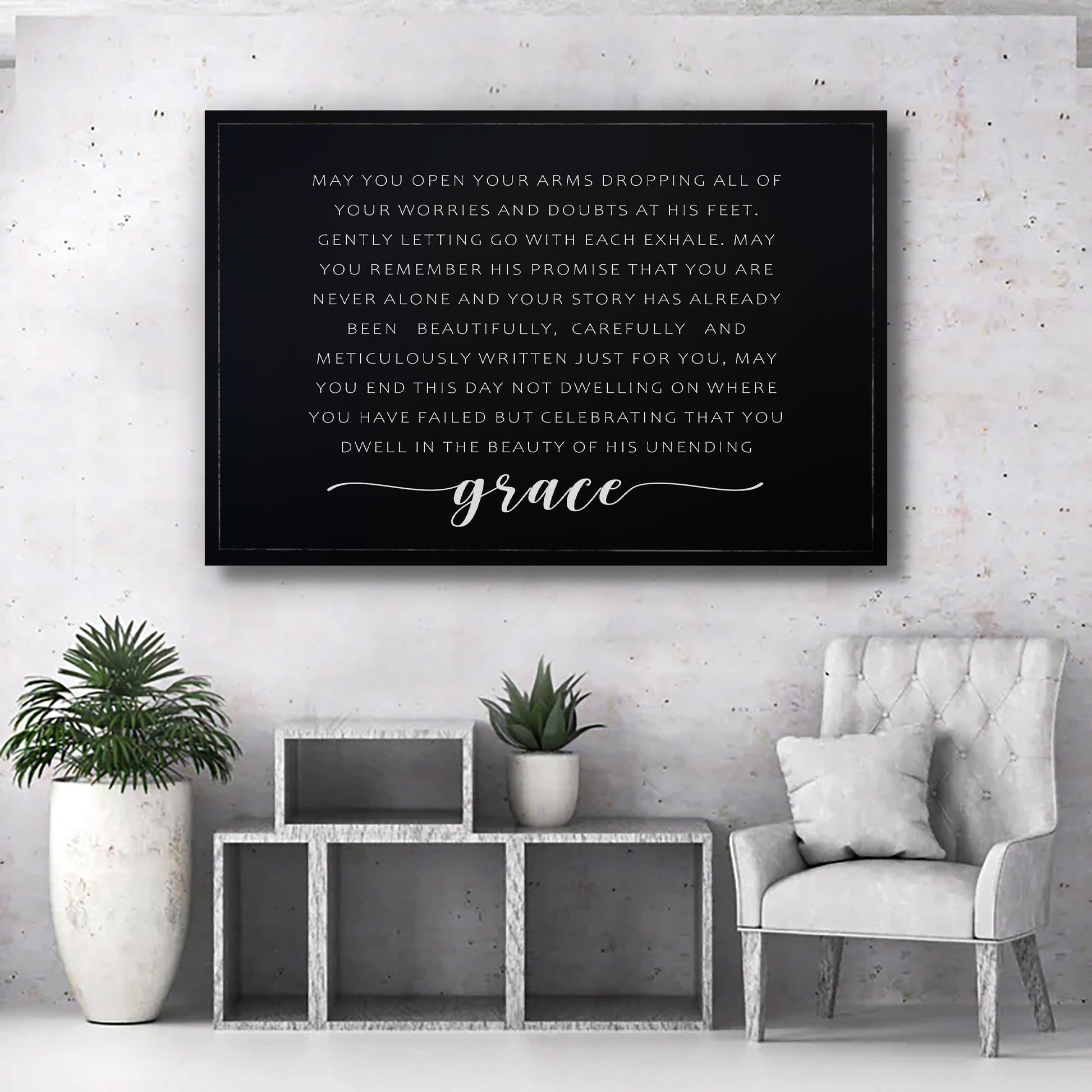 Unending Grace Faith Sign II canvas wall art in black with white script by Tailored Canvases on Tampa Home & Garden Store