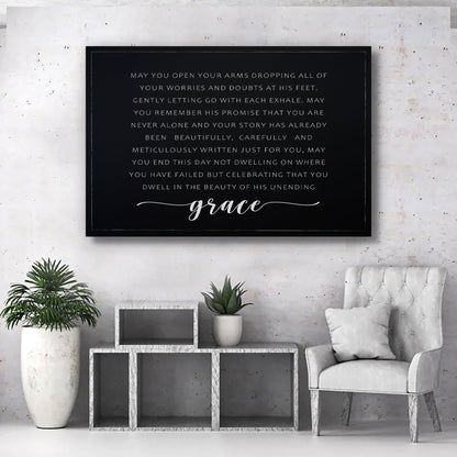 Unending Grace Faith Sign II canvas wall art in black with white script by Tailored Canvases on Tampa Home & Garden Store