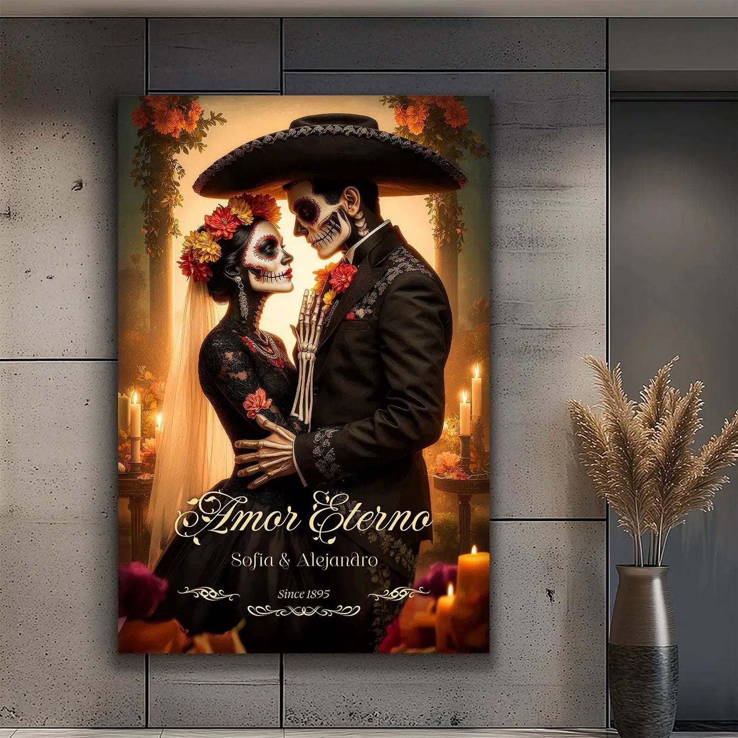 Personalized Eternal Love Halloween Sign canvas featuring sugar skull couple by Tailored Canvases on Tampa Home & Garden Store