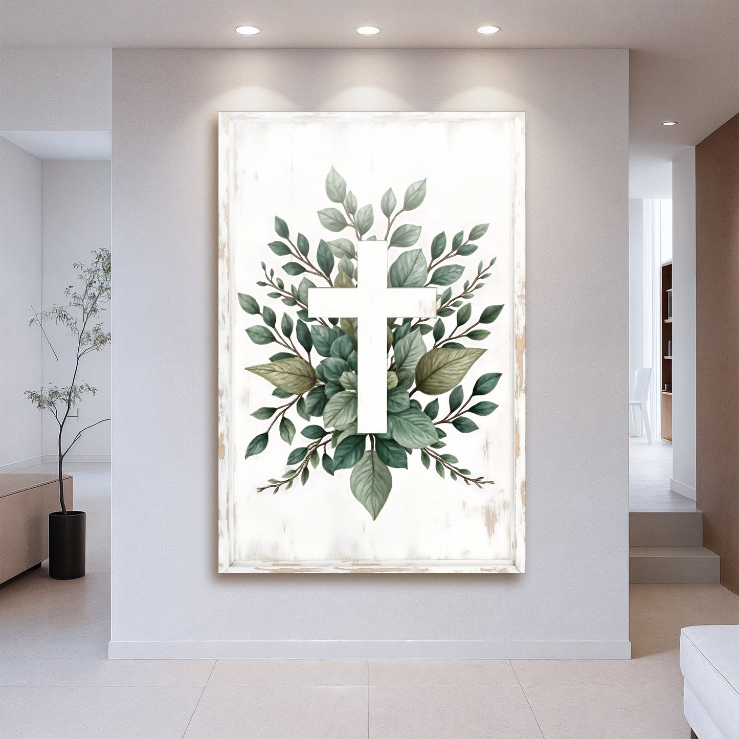 Canvas Minimalist Cross Faith Wall Art II by Tailored Canvases with green leafy botanicals on Tampa Home & Garden Store