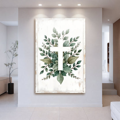 Canvas Minimalist Cross Faith Wall Art II by Tailored Canvases with green leafy botanicals on Tampa Home & Garden Store