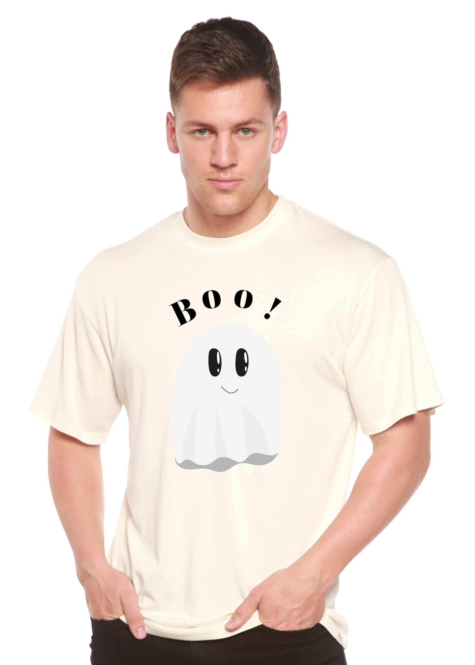 Boo men's graphic T-shirt by Spun Bamboo in cream bamboo viscose/organic cotton with ghost image on Tampa Home & Garden Store