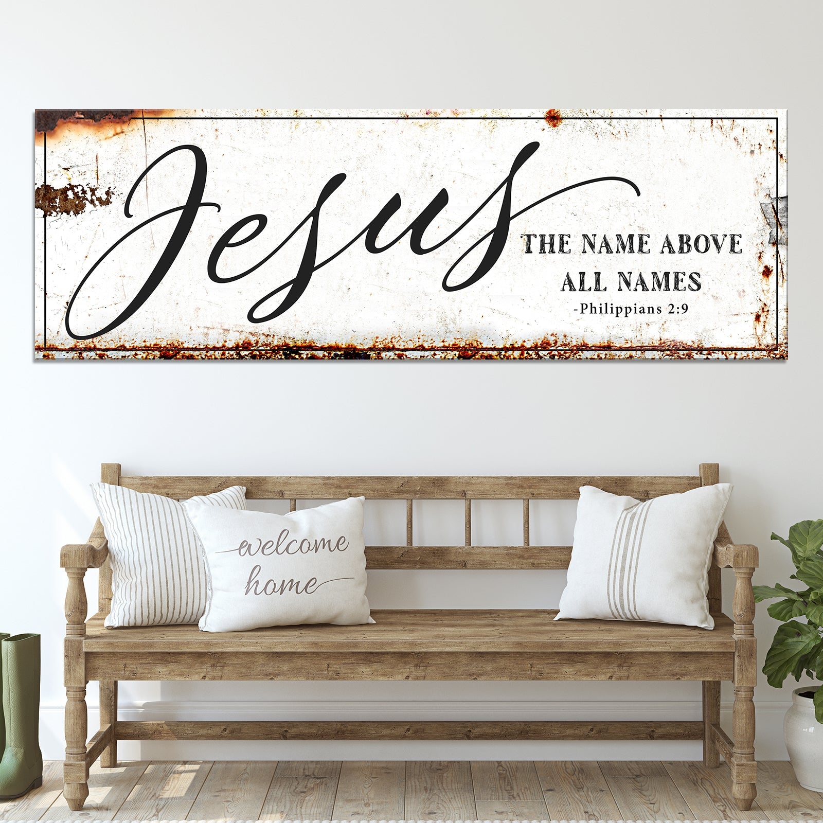Canvas sign Jesus The Name Above All Names by Tailored Canvases on rustic white background on Tampa Home & Garden Store