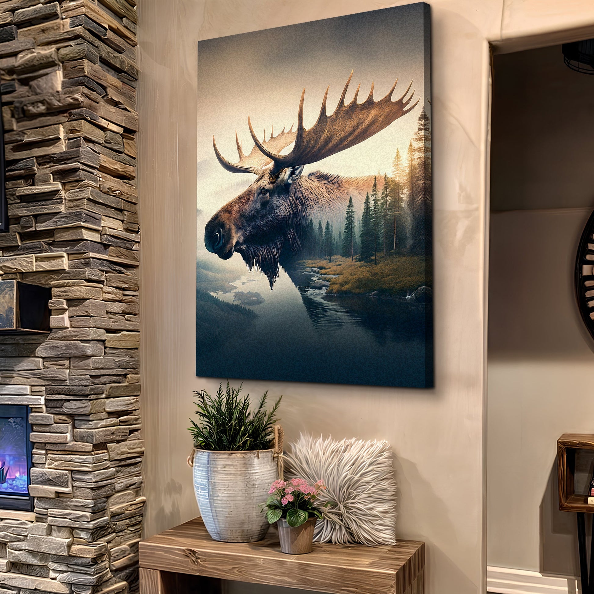 Moose Double Exposure Wall Art canvas with forest backdrop in earthy browns and blue tones on Tampa Home & Garden Store