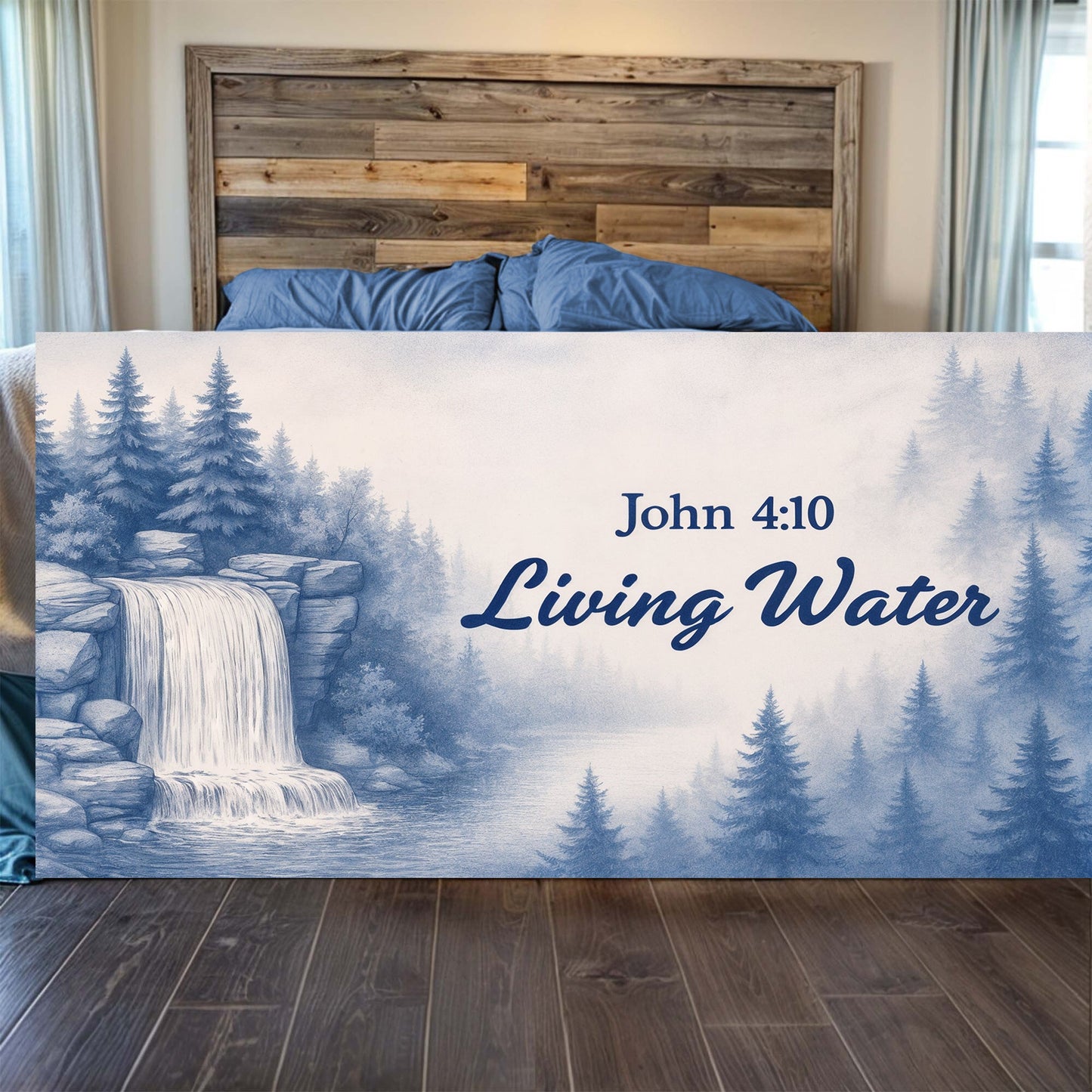 Living Water John 4:10 faith sign canvas by Tailored Canvases, blue script on wintry pines on Tampa Home & Garden Store