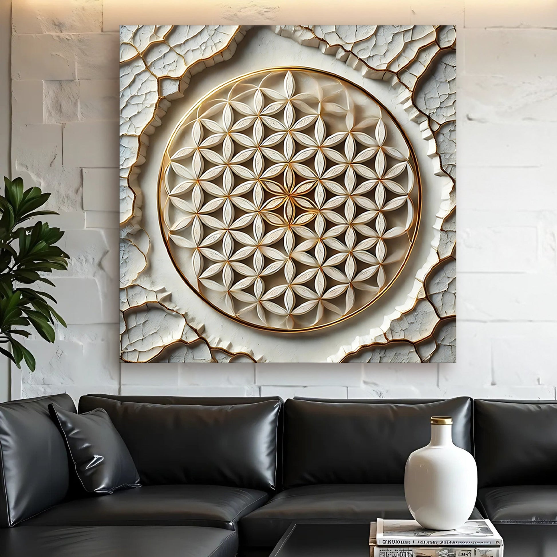 Flower Of Life Wall Art VI canvas with gold-edged geometric petals on a textured white backdrop on Tampa Home & Garden Store
