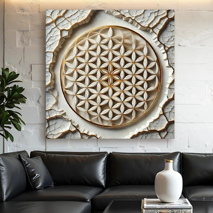 Flower Of Life Wall Art VI canvas with gold-edged geometric petals on a textured white backdrop on Tampa Home & Garden Store