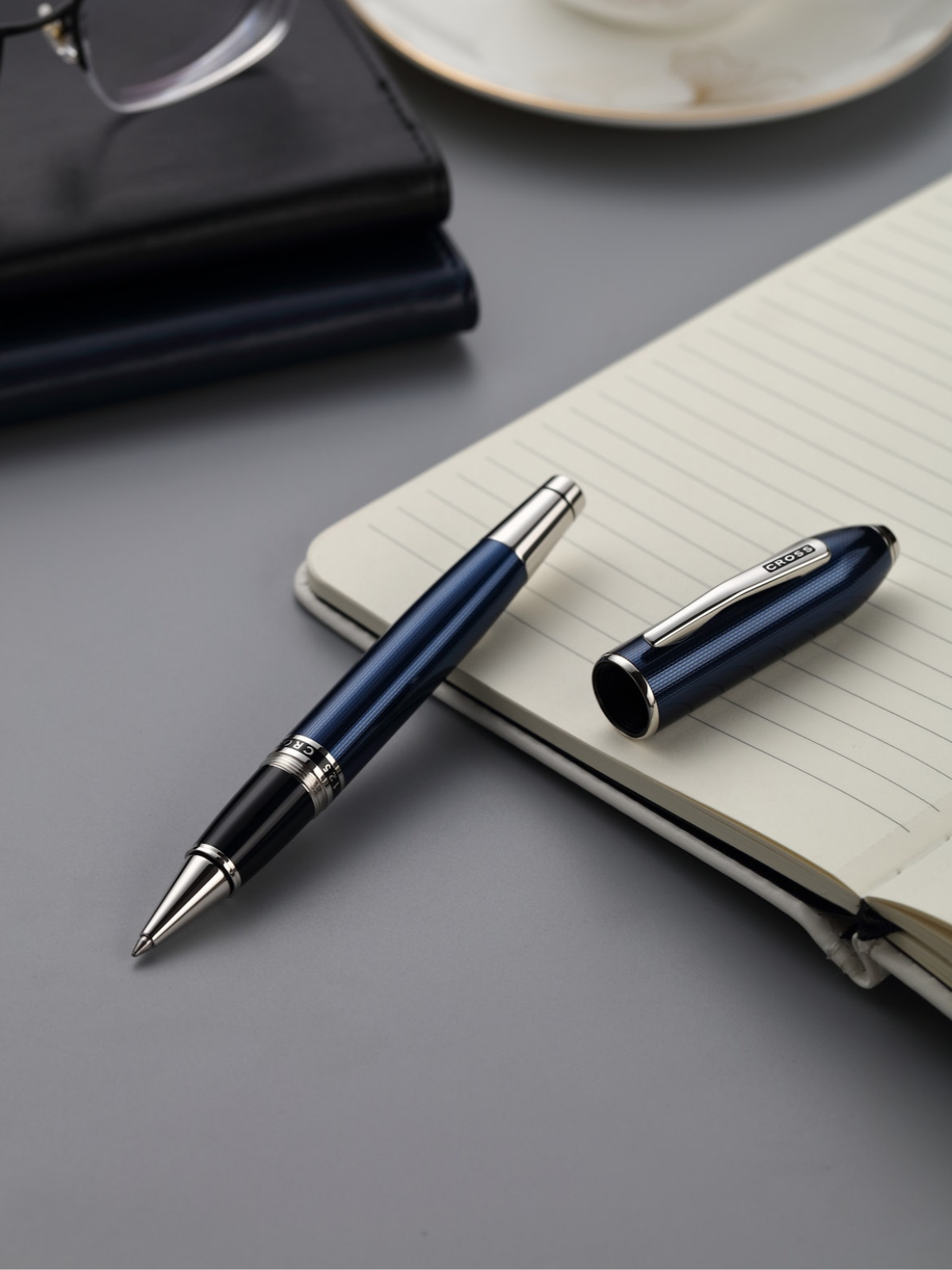 Cross Peerless cobalt blue rollerball pen with chrome accents and diamond pattern on Tampa Home & Garden Store
