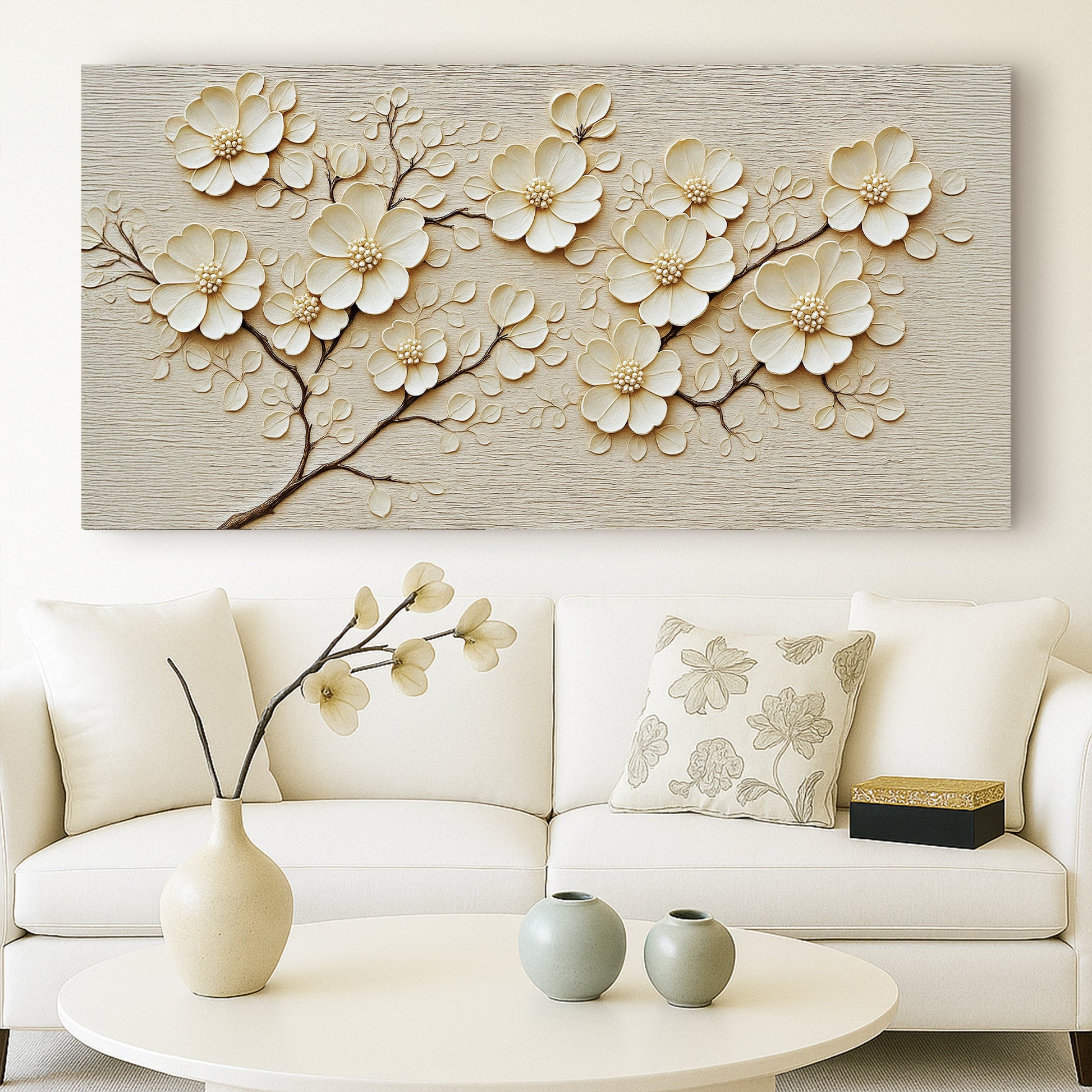 Minimalist Wall Art VIII canvas by Tailored Canvases; cream 3D flowers on beige wood backdrop on Tampa Home & Garden Store