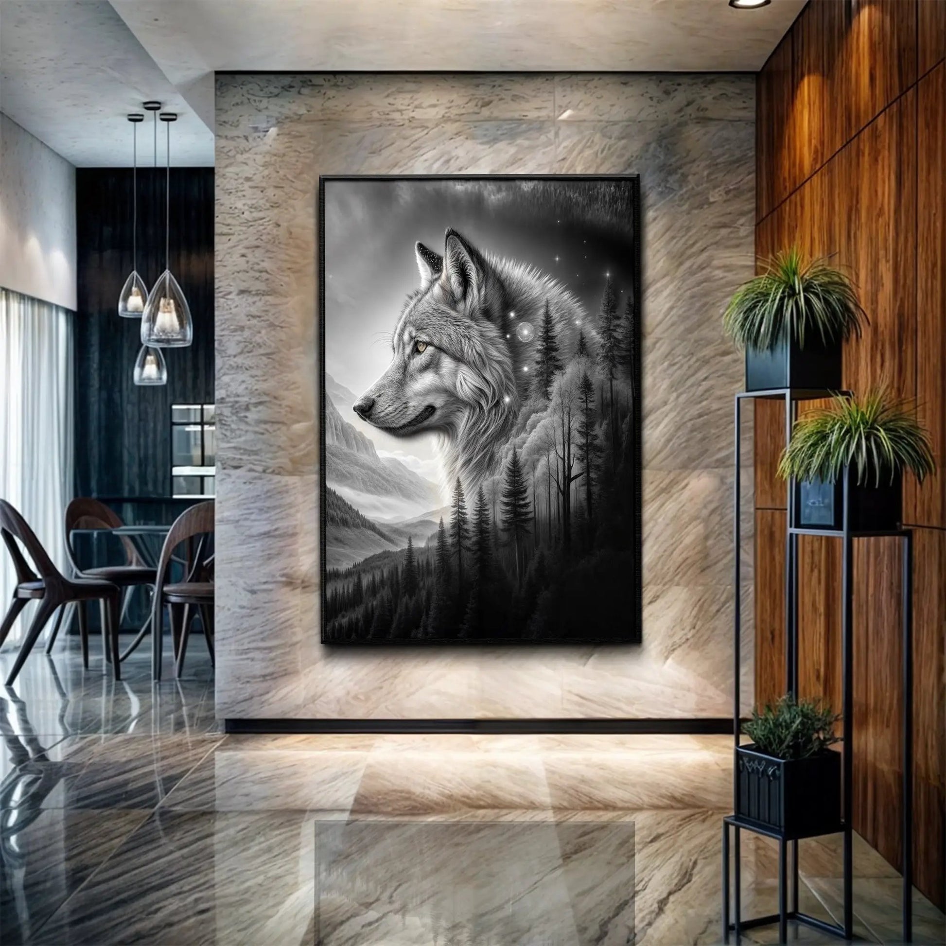 Canvas Wolf Double Exposure Wall Art II in a black frame grayscale wolf landscape on Tampa Home & Garden Store