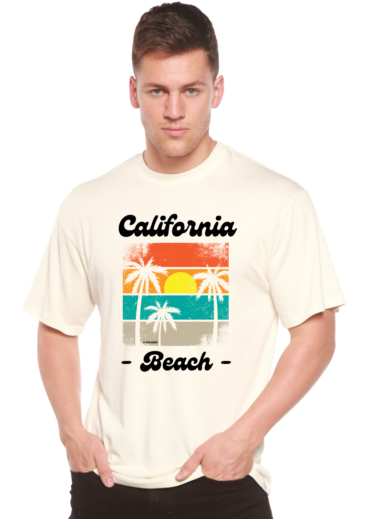California Beach unisex bamboo tee with cream color and palm sunset print by Spun Bamboo on Tampa Home & Garden Store