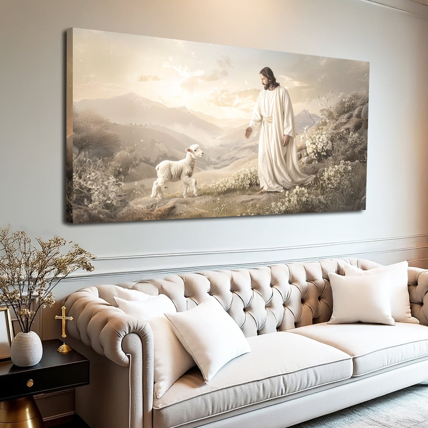 Canvas art Tailored Canvases Jesus & lamb in warm hillside scene Faith Wall Art X on Tampa Home & Garden Store