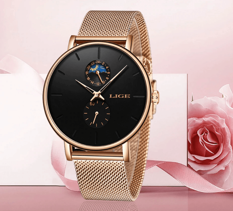 LIGE women's watch with rose-gold mesh bracelet and black dial with chronograph subdials on Tampa Home & Garden Store