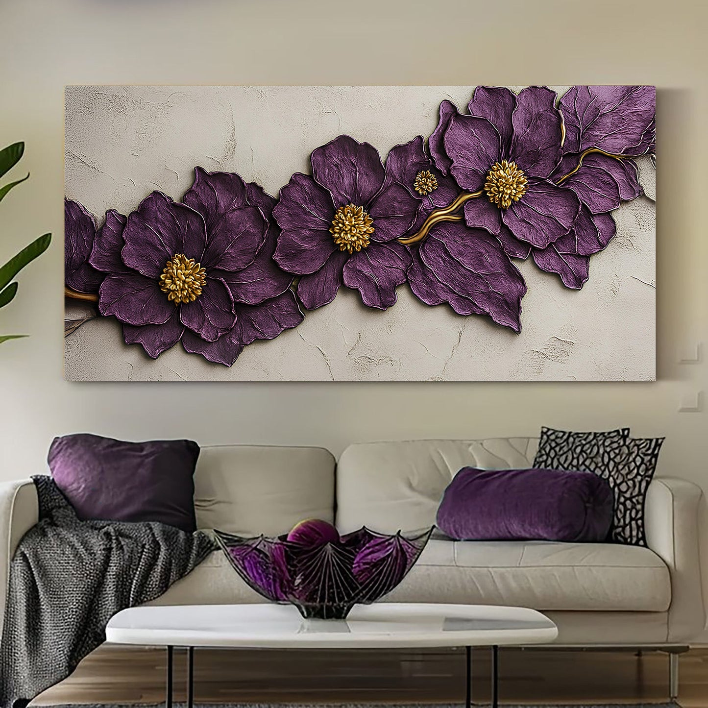 Purple flower plaster wall art canvas by Tailored Canvases with gold centers on beige background on Tampa Home & Garden Store