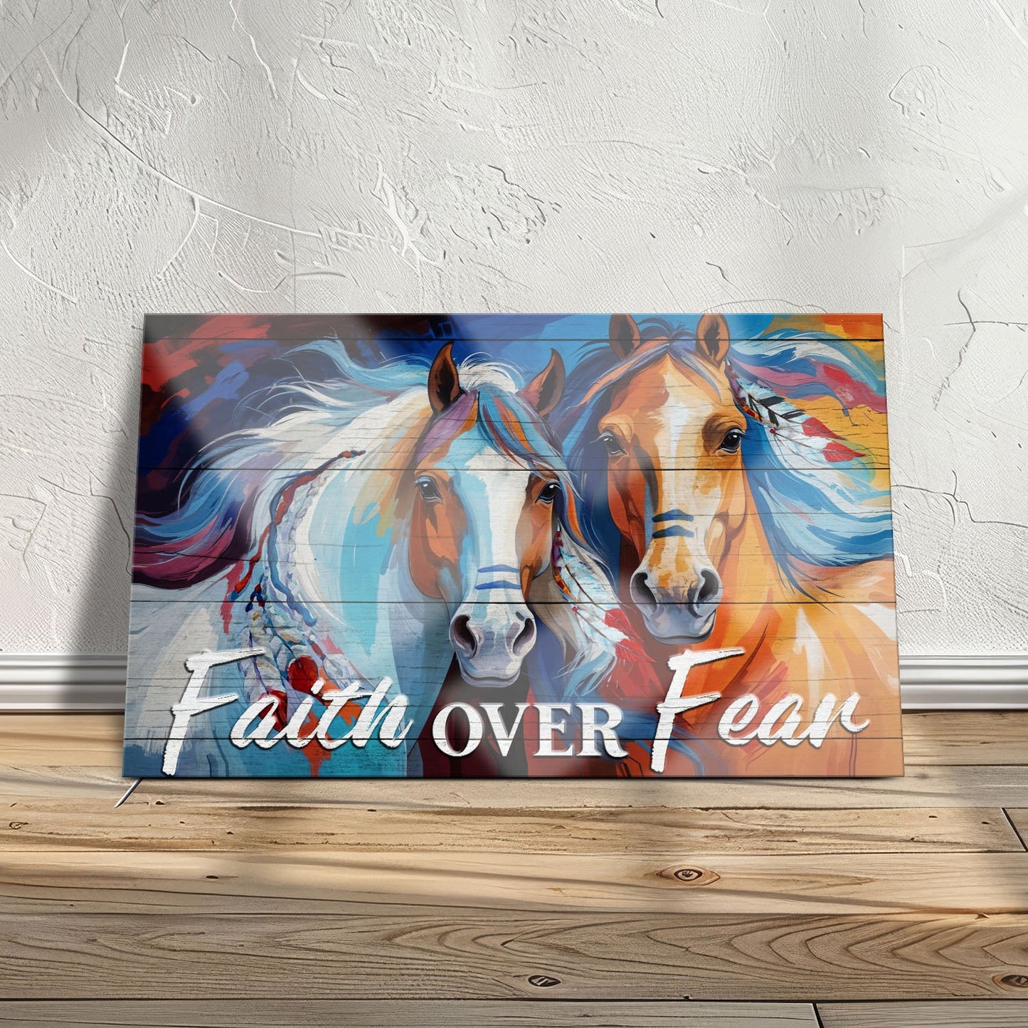 Canvas Faith Over Fear Faith Sign IV by Tailored Canvases, vibrant two-horse mural with flowing manes on Tampa Home & Garden Store