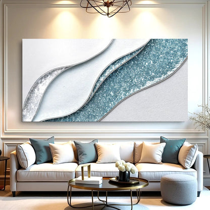 Lighter Waves Wall Art with curved silver bands on textured blue panel in living room on Tampa Home & Garden Store