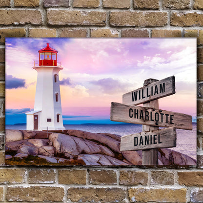 Lighthouse Family Names Sign canvas with white lighthouse and name signs William and Daniel on Tampa Home & Garden Store