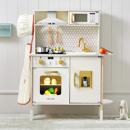 Tiny Land PopJoy Play Kitchen toy kitchen in white panels, gold faucet, stove, wooden utensils on Tampa Home & Garden Store