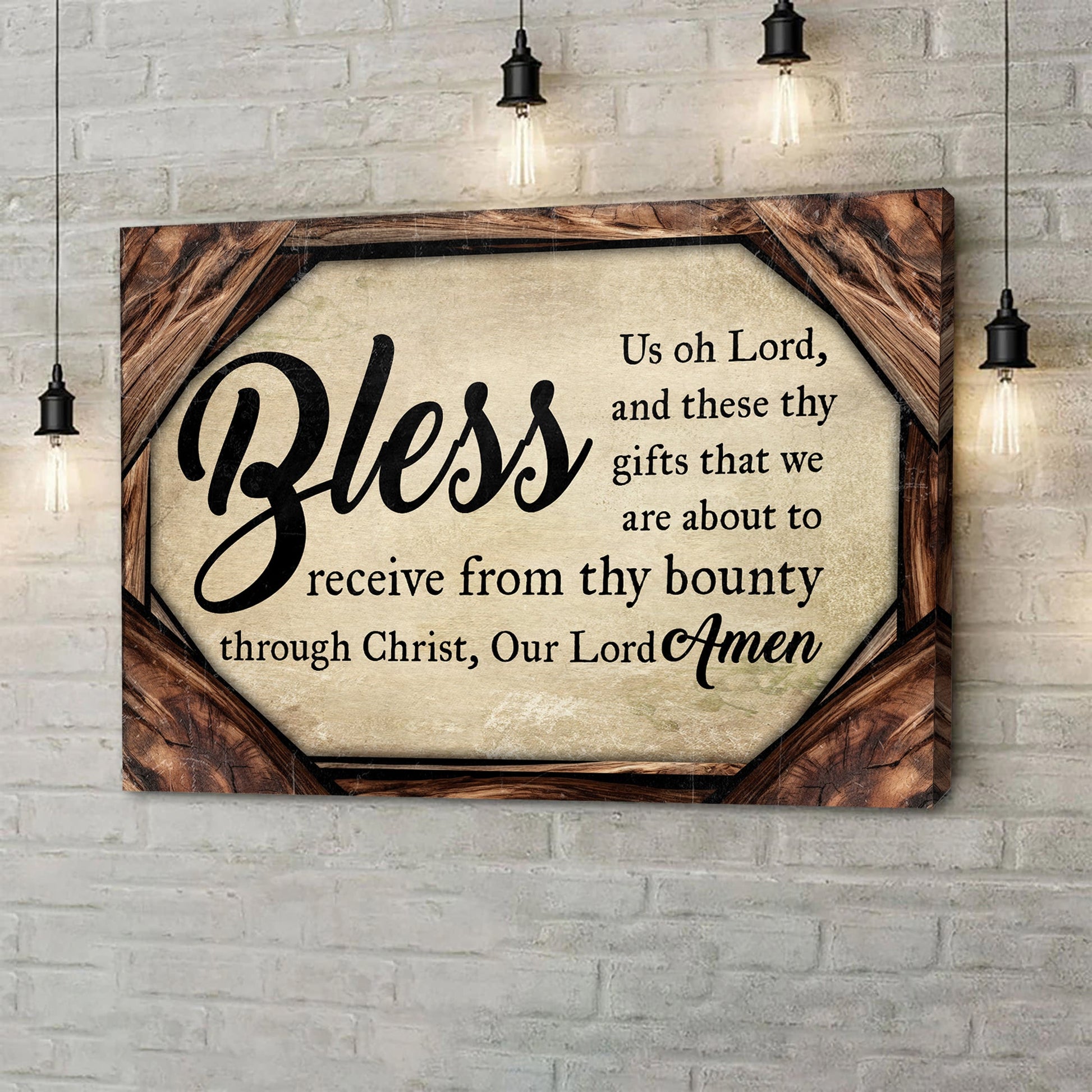 Bless Us Oh Lord Faith Sign II canvas by Tailored Canvases, wood frame on brick on Tampa Home & Garden Store